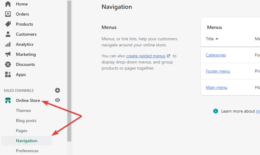 Navigasi menu Shopify