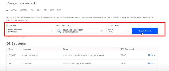 Creați o înregistrare în digitalocean