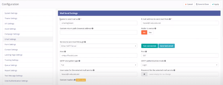 configuración de correo electrónico en mautic