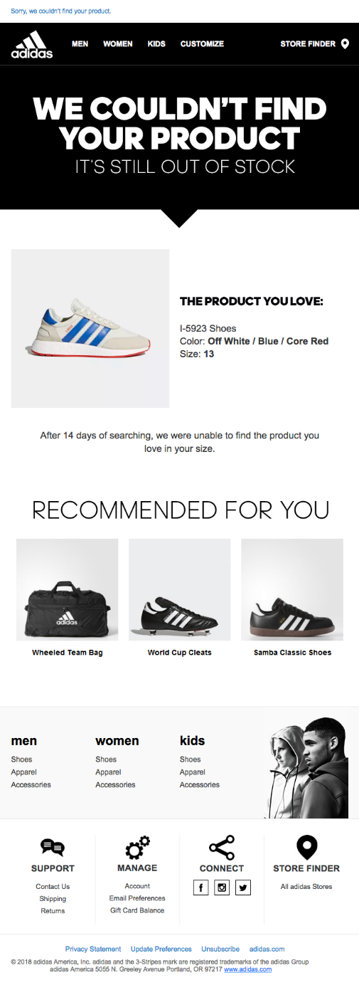 Pemberitahuan email Adidas kehabisan stok