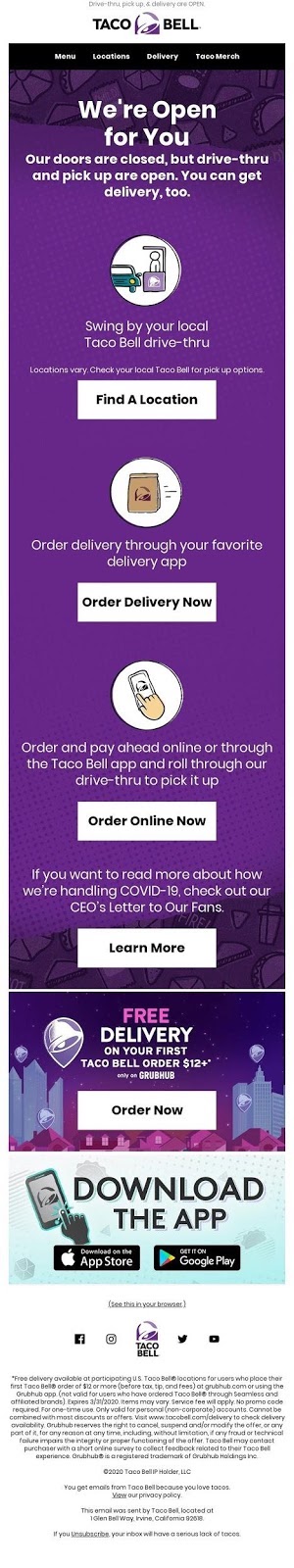 Email konsistensi merek Taco Bell yang tepat menampilkan logo, warna, dan font yang mereka kenal.