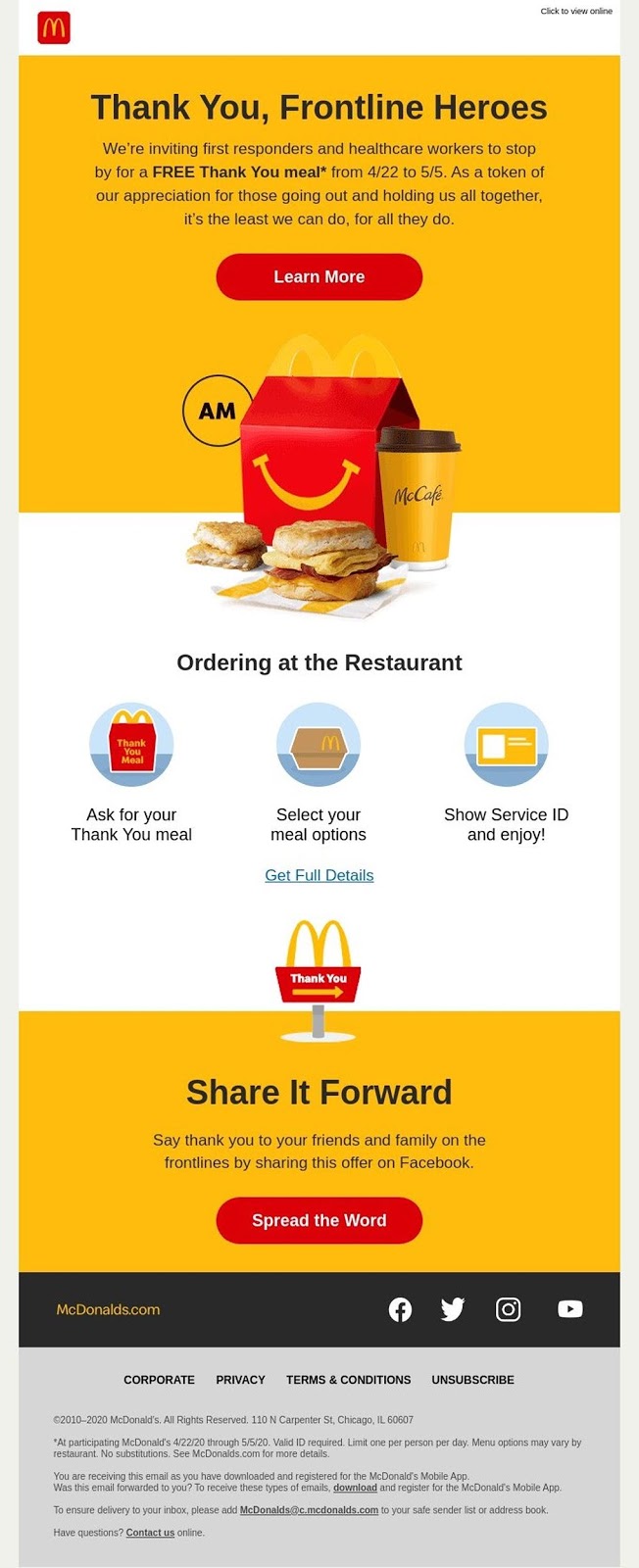 Kampanye email McDonalds berterima kasih kepada pekerja garis depan dan tetap setia pada mereknya dengan pesan lengkungan emas yang konsisten.