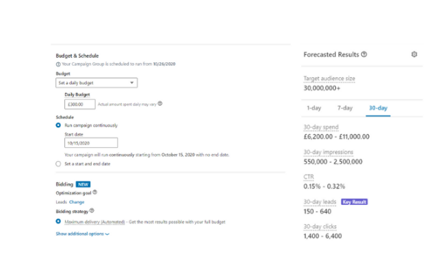 LinkedInの潜在顧客の予算設定