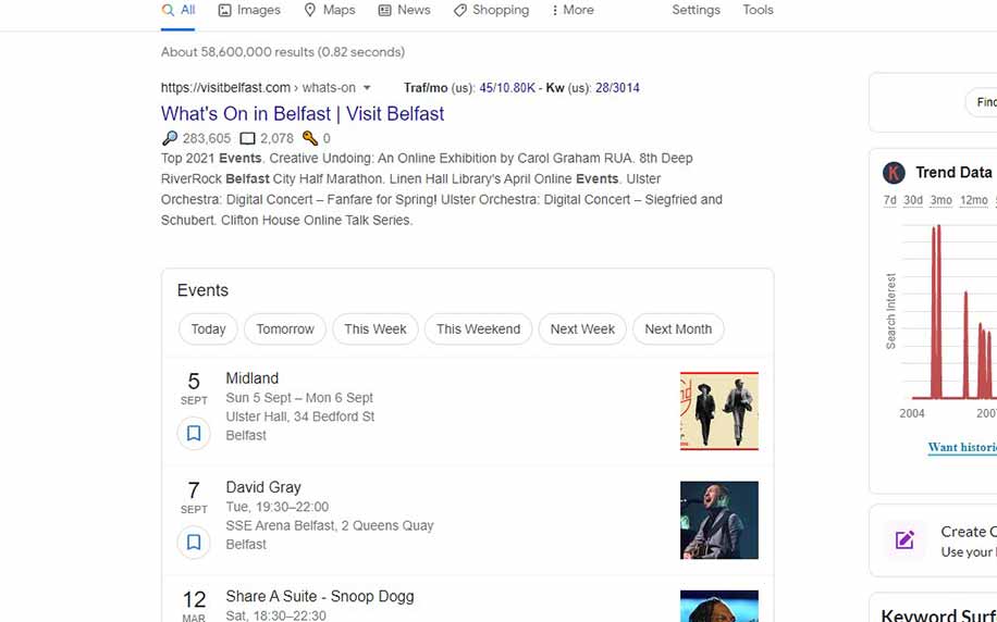 o imagine a evenimentelor care au loc în Belfast pe pagina de rezultate Google