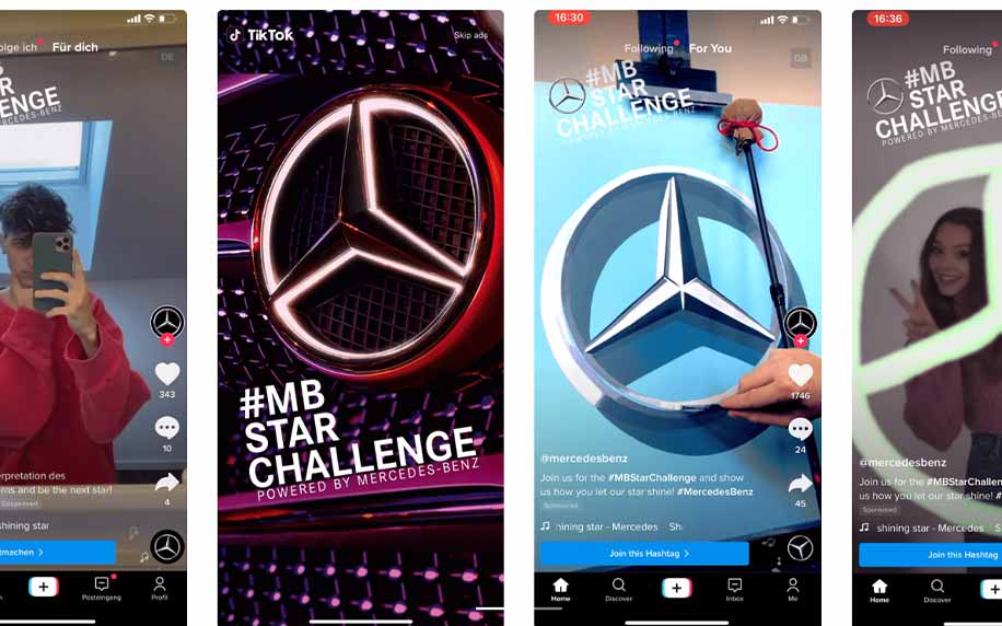 eine auswahl an tiktok-shots aus der markenübernahme von mercedes