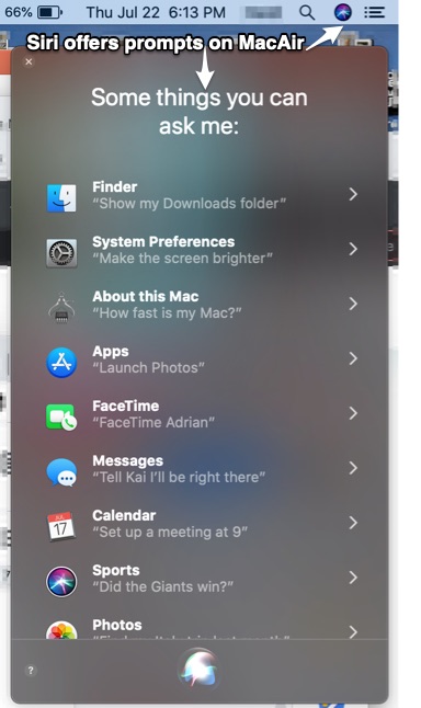 MacAirの右上隅にあるSiriディスプレイ