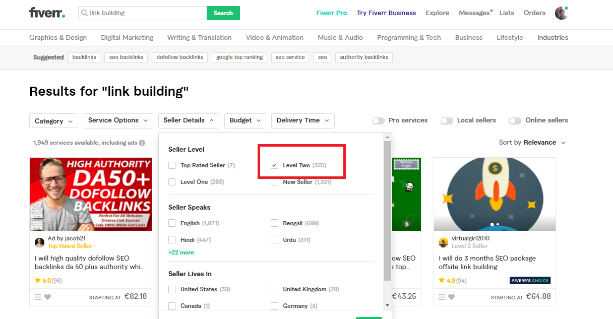 Fiverr에서 레벨 2 판매자 찾기