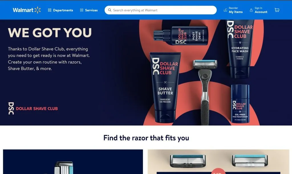 สกรีนช็อตของมีดโกน Dollar Shave Club ของบริษัท DTC บน walmart.com