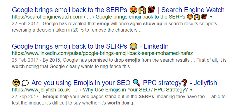 Exemplu de emoji-uri utilizate în paginile cu rezultate ale motorului de căutare Google
