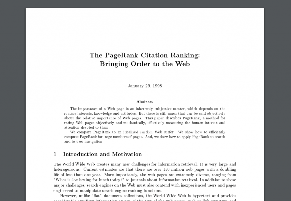 Captură de ecran din proiectul de propunere PageRank de Larry Page