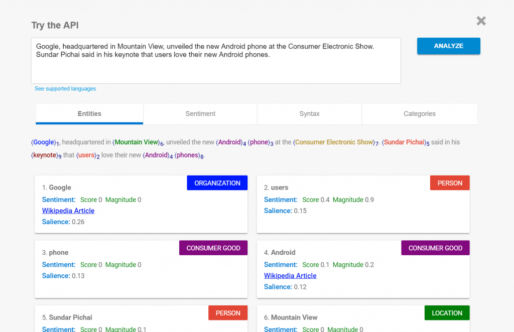 Exemplu de API-ul Google Natural Language