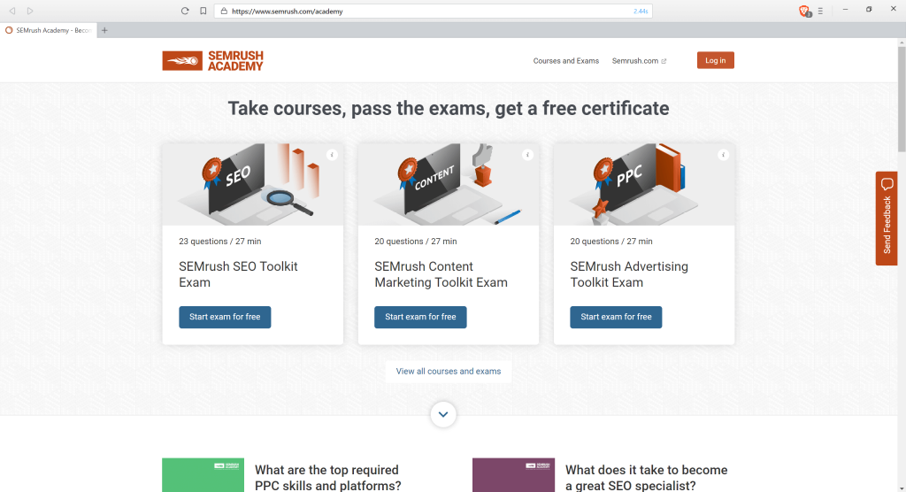 Screenshot dell'Accademia di SEMrush