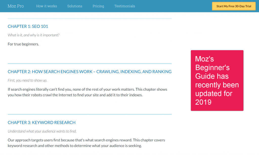 Screenshot della Guida per principianti alla SEO di Moz