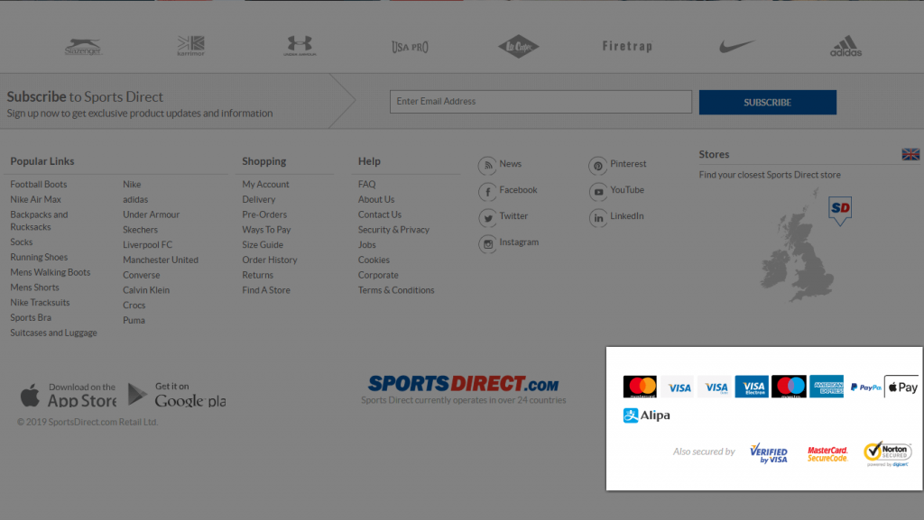 SportsDirect's payment options