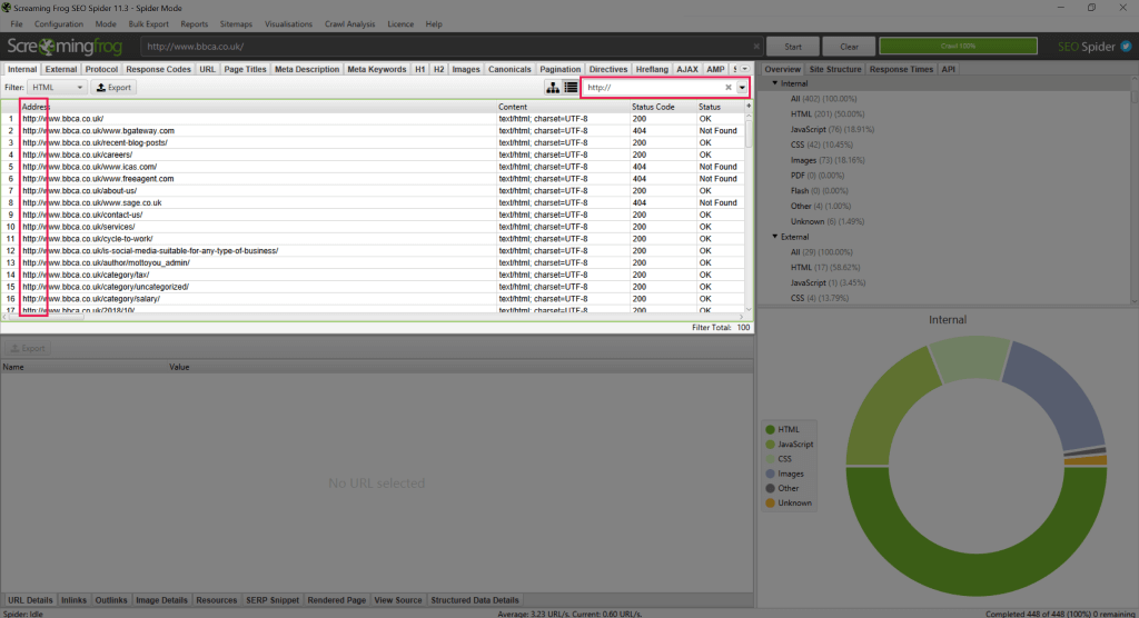 สกรีนช็อตของ HTTP URL ใน Screaming Frog