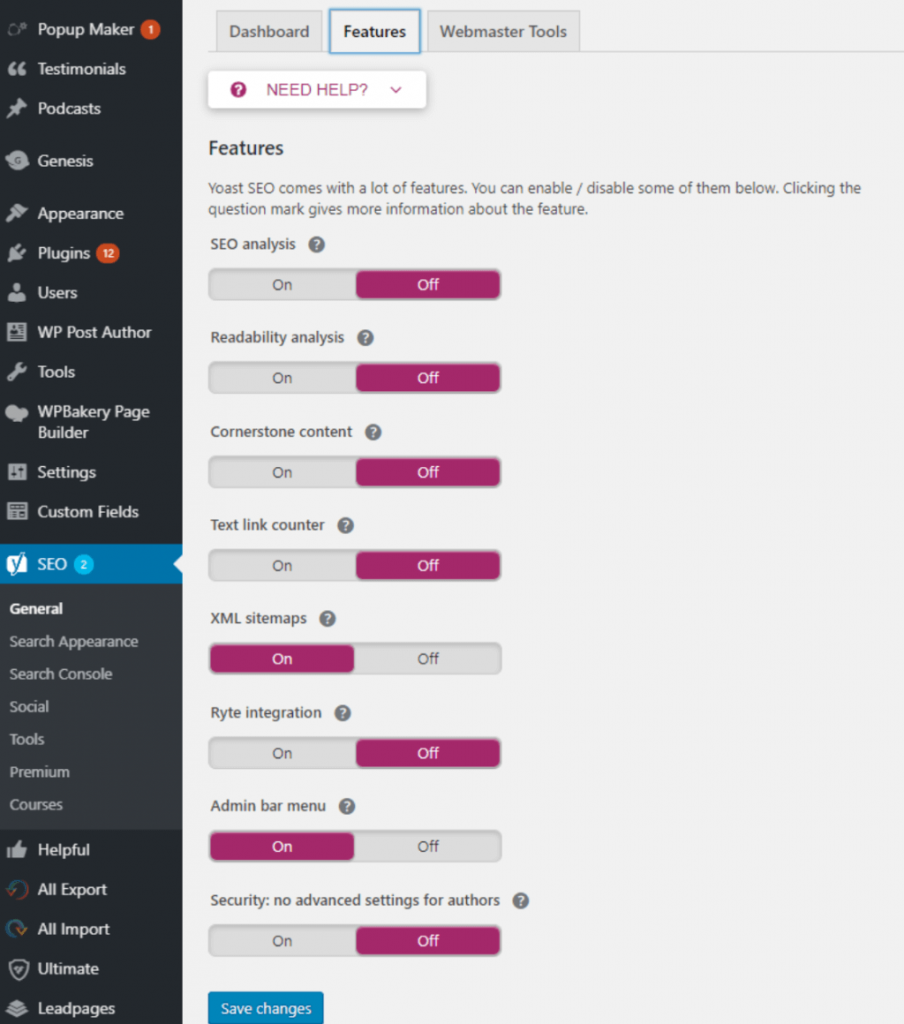 สกรีนช็อตของเมนูการตั้งค่าแผนผังเว็บไซต์ Yoast XML