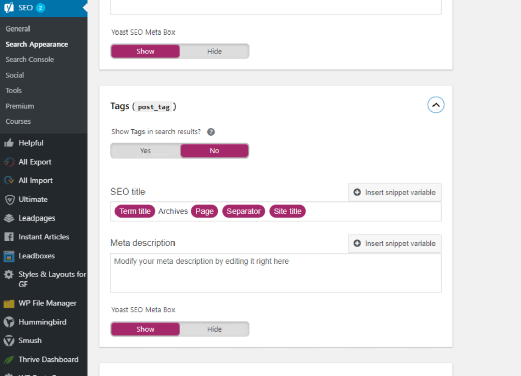 สกรีนช็อตของเมนูตัวเลือกการเก็บถาวรของ Yoast