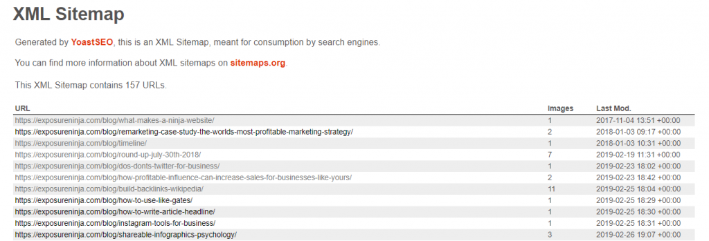 สกรีนช็อตของแผนผังไซต์ XML โพสต์ของ Exposure Ninja