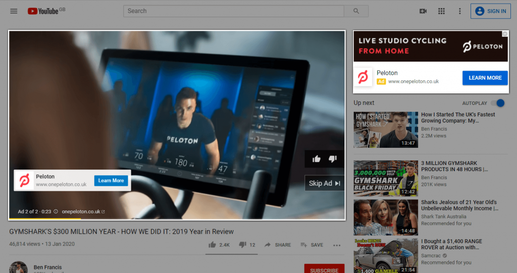 ภาพหน้าจอของโฆษณา YouTube