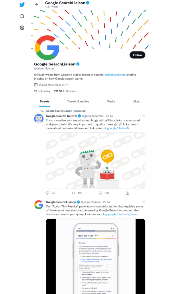 สกรีนช็อตของบัญชี Twitter ของ Google Search Liaison