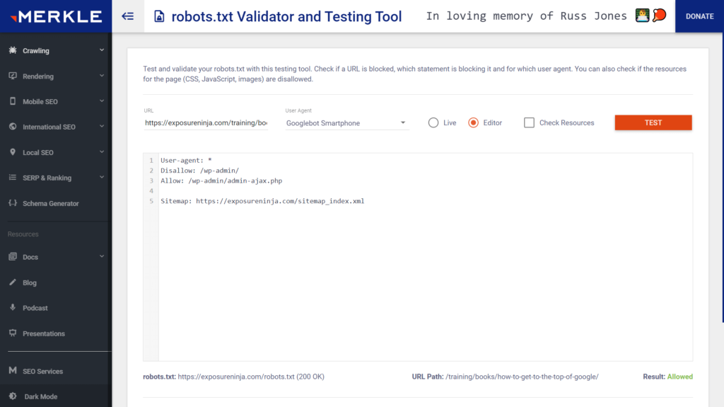 สกรีนช็อตของเครื่องมือตรวจสอบและเครื่องมือทดสอบ robots.txt ของ Merkle