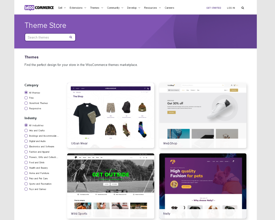 สกรีนช็อตของที่เก็บธีม WooCommerce