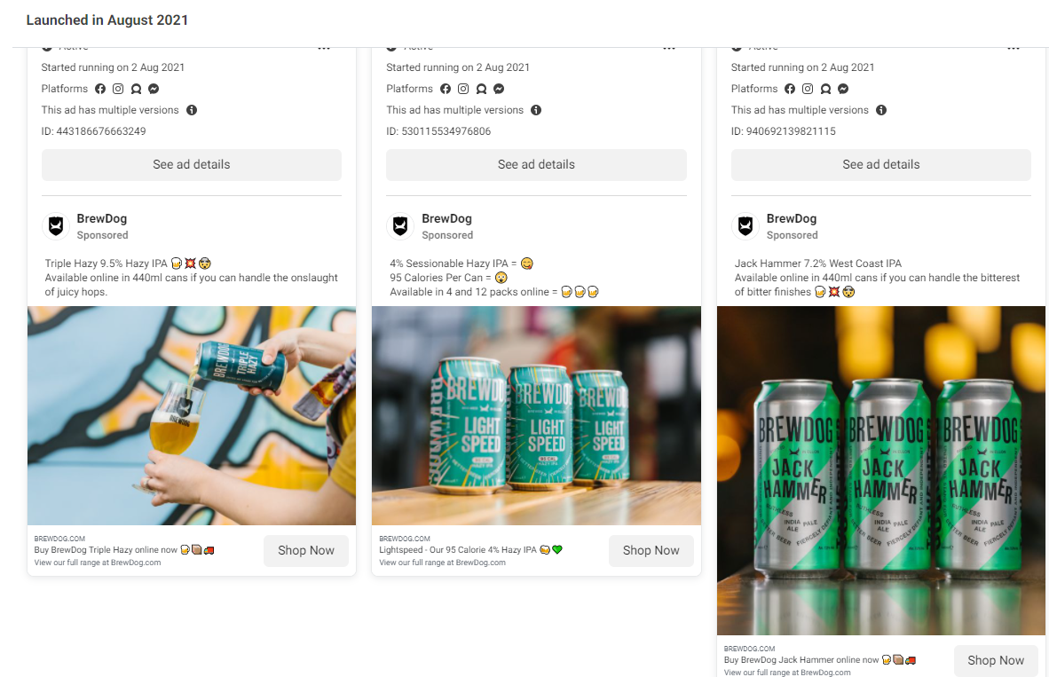 สกรีนช็อตของโฆษณาบน Facebook ของ BrewDog สามรายการ