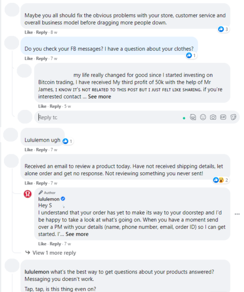 lululemon 페이스북 페이지의 부정적인 댓글 스크린샷