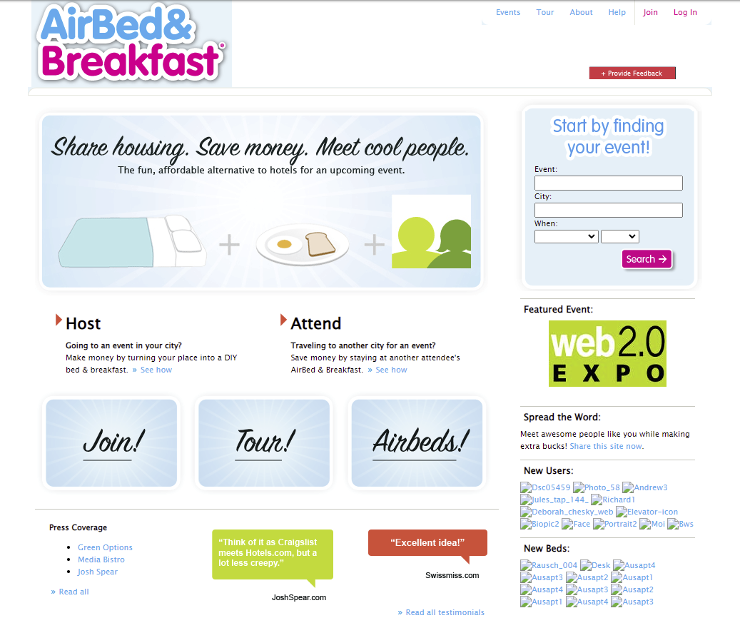 2008년 에어베드 앤 브렉퍼스트 웹사이트의 스크린샷
