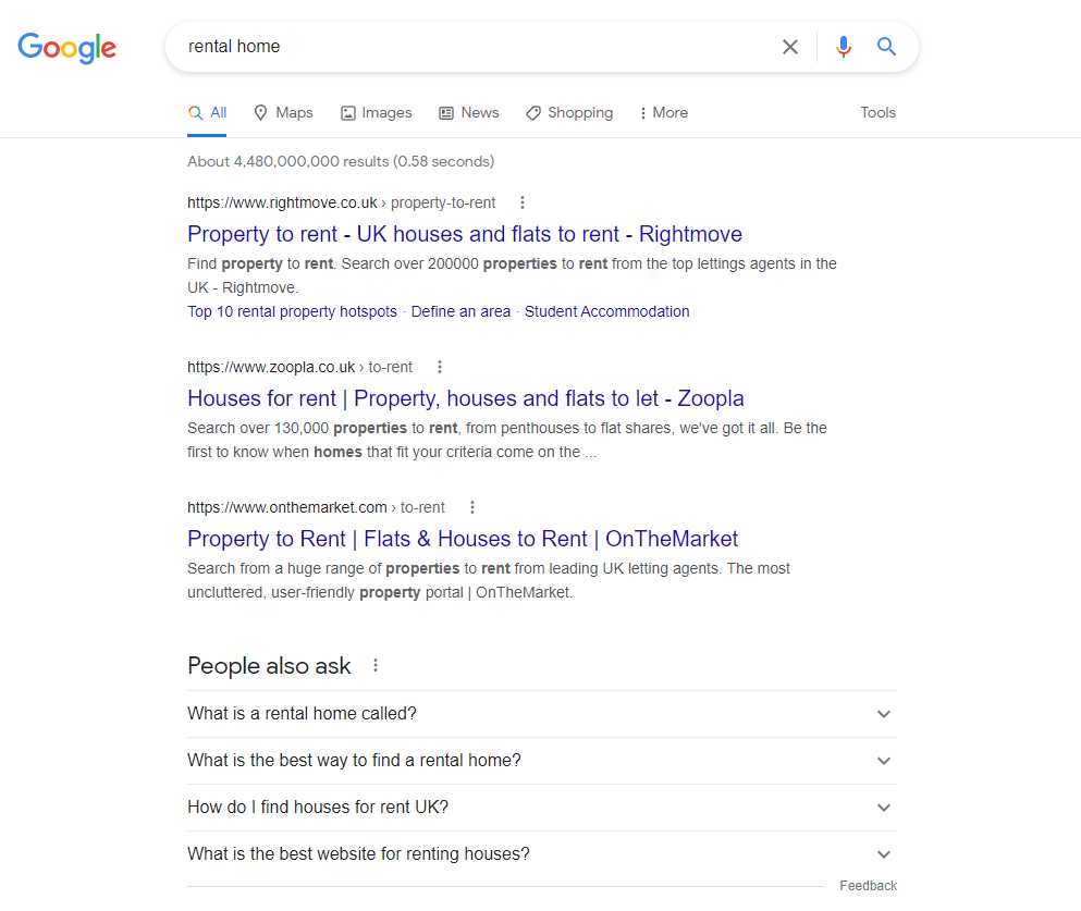 임대 주택에 대한 Google 검색의 스크린샷