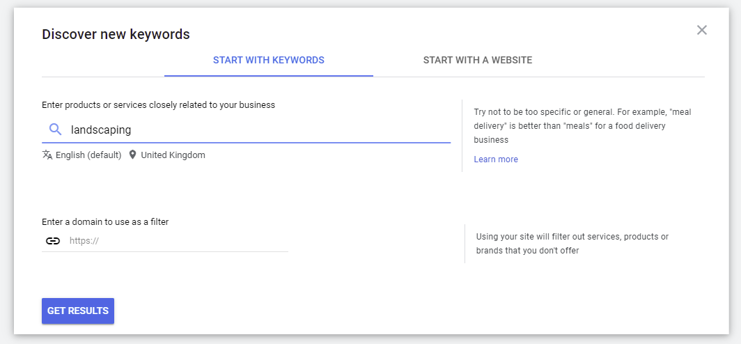 Google Keyword Planner 搜索部分的屏幕截圖