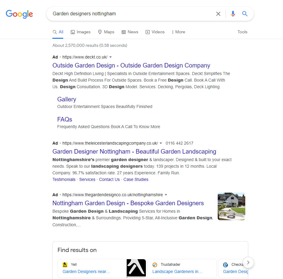 “Garden Designer Nottingham”的 Google 搜索結果截圖