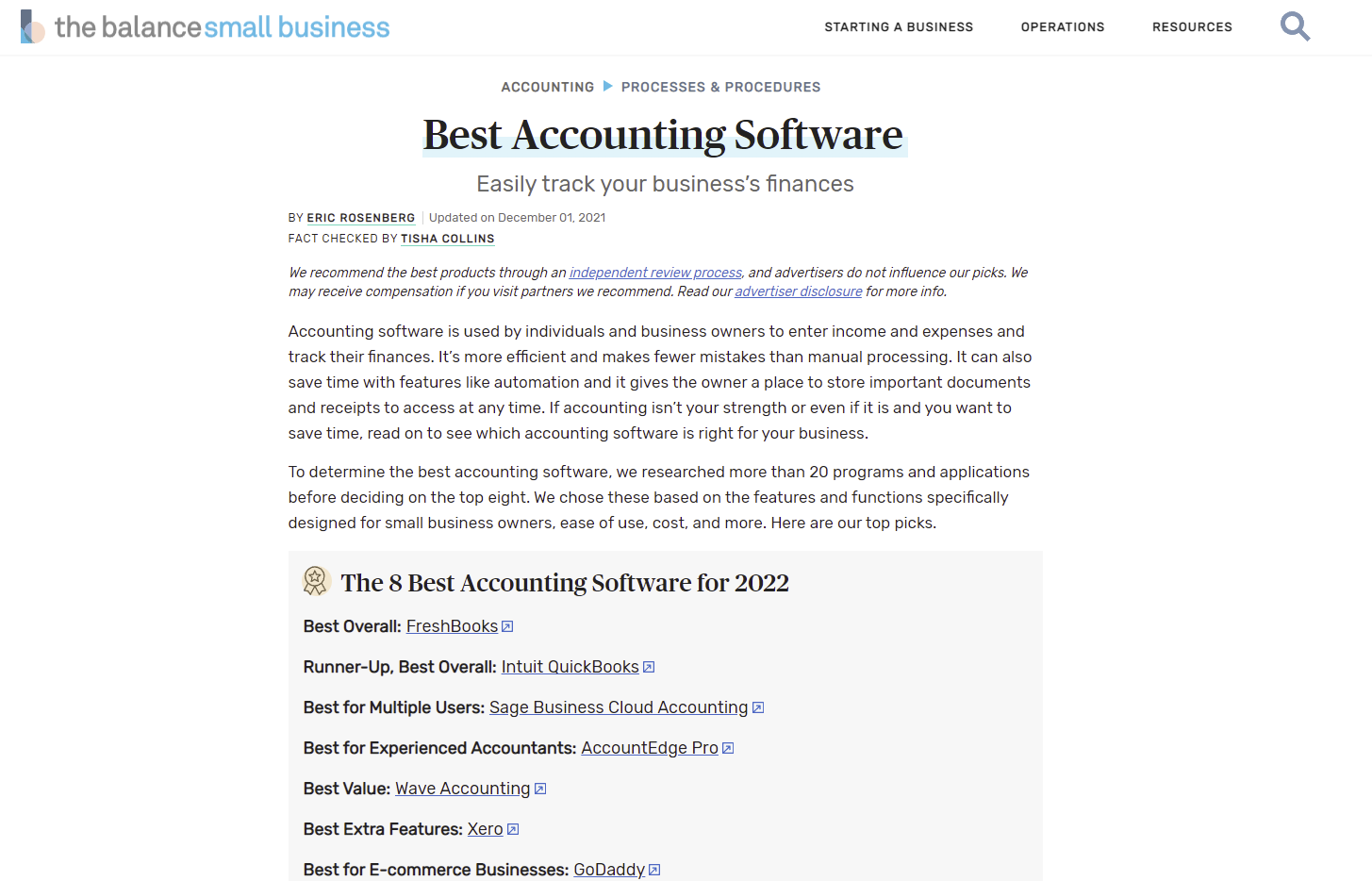 The BalanceSmallBusinessによる「BestAccountingSoftware」記事のスクリーンショット