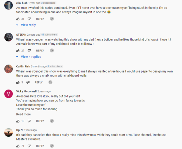 ツリーハウスマスターズのアニマルプラネットビデオへのコメント