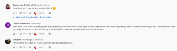 ネイティブYouTubeチャンネルのような英語のコメントのスクリーンショット