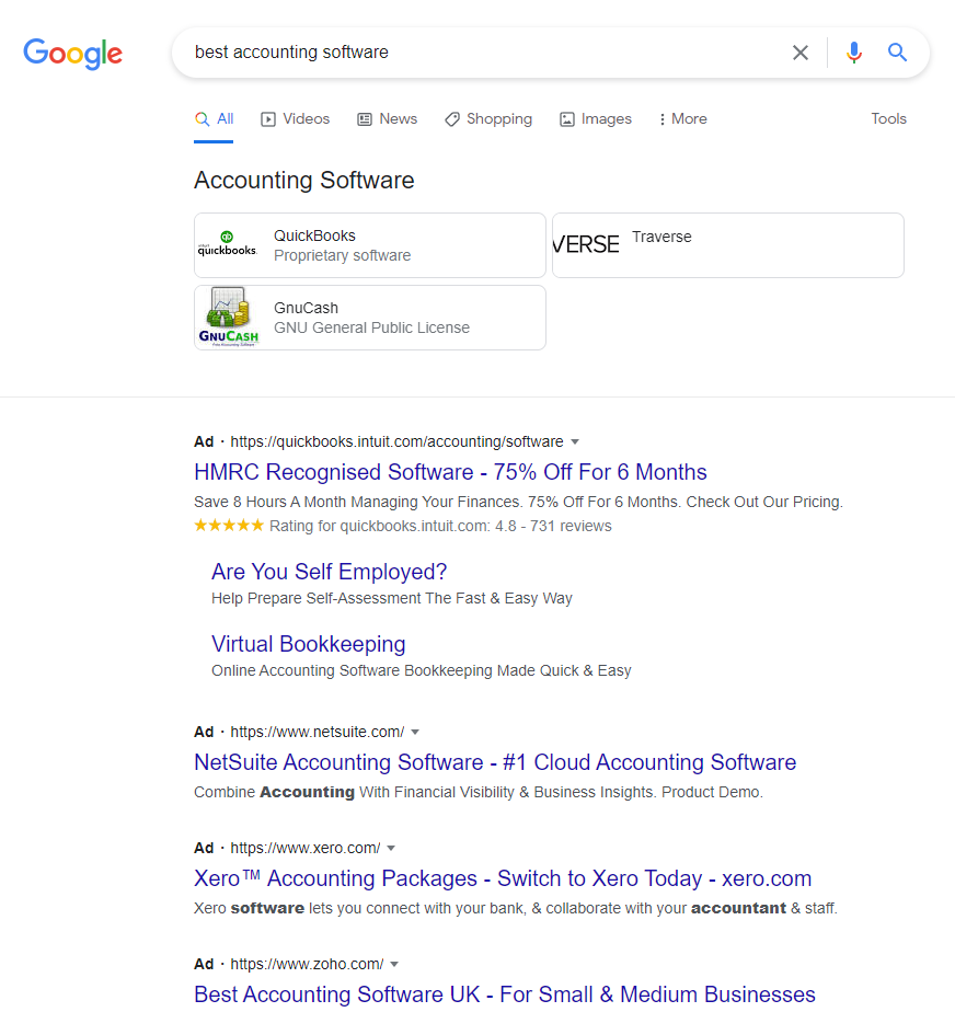 최고의 회계 소프트웨어를 위한 Google Ads 스크린샷