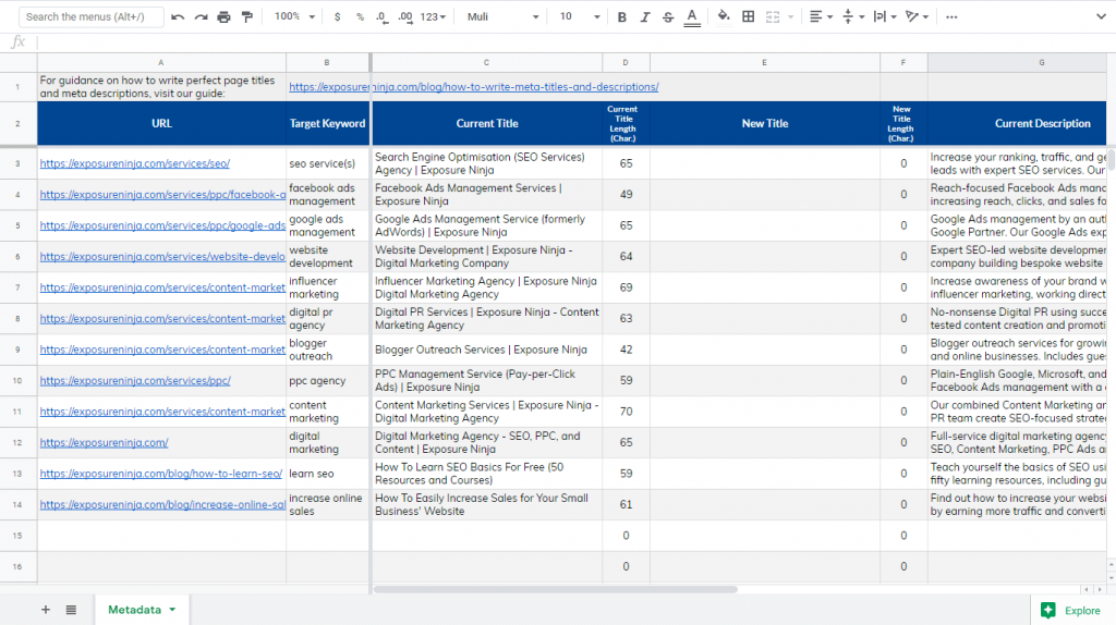 페이지 제목 및 메타 설명 스프레드시트의 스크린샷
