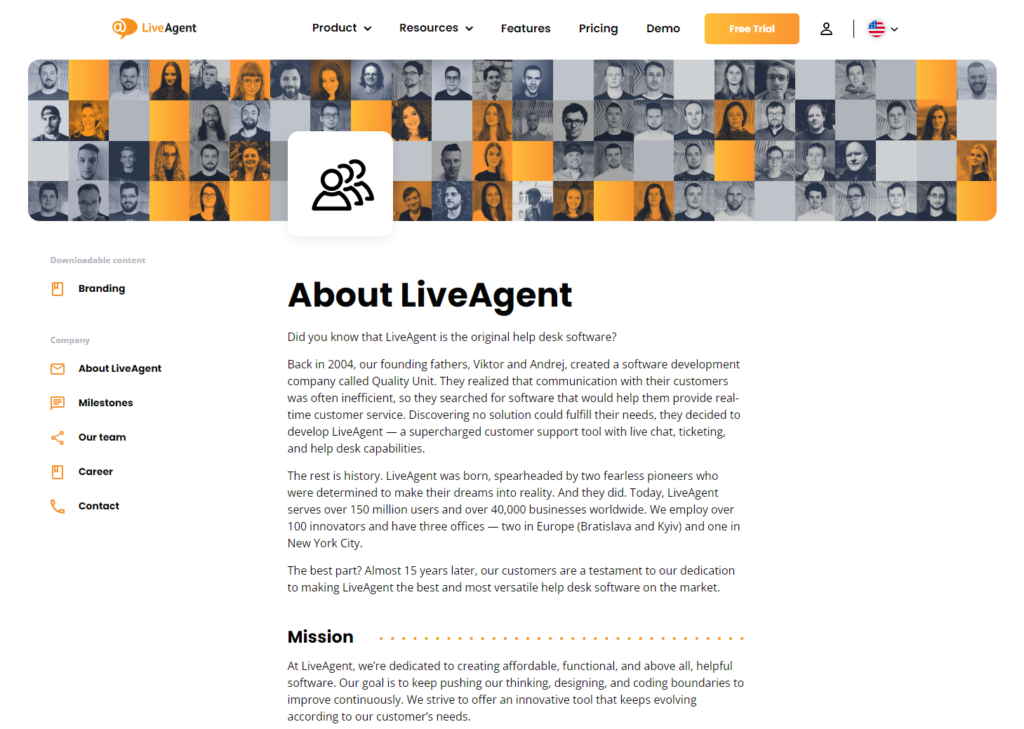 Pagina Despre noi a LiveAgent