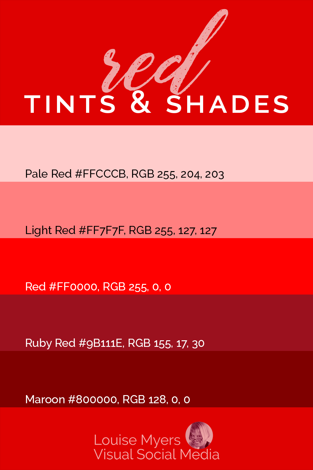 bandas de 5 tonos y tonos rojos con códigos hexadecimales y valores RGB.