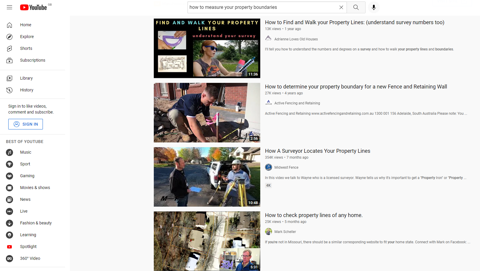 Youtube-Suche, wie man eine Grundstücksgrenze misst