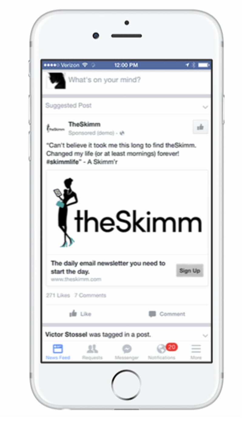 これは、theSkimmが新しいメールアドレスを収集するためにFacebookに掲載したスポンサー広告です。