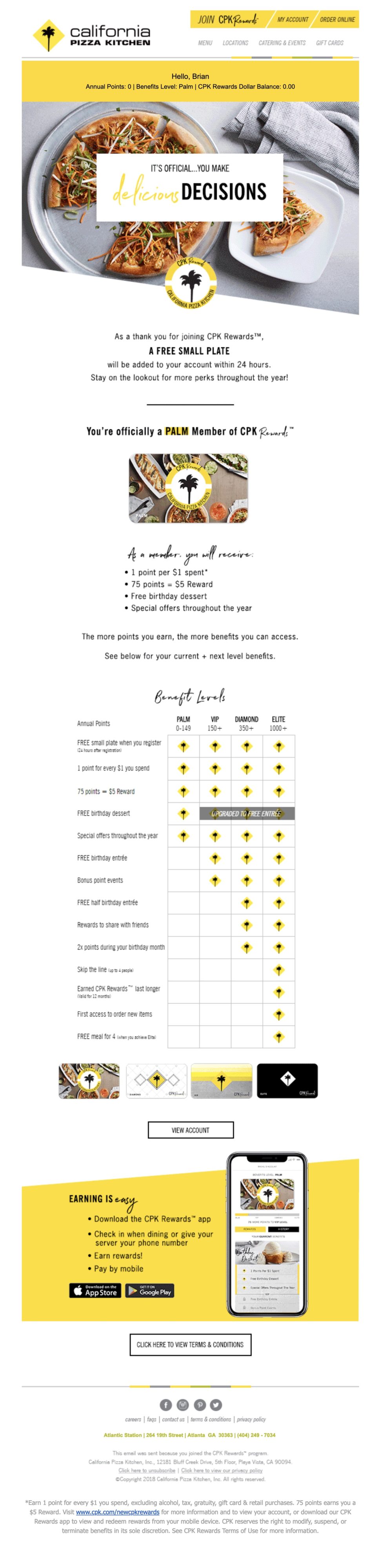 يقوم مطعم California Pizza Kitchen بعمل رائع من خلال البريد الإلكتروني الترحيبي الخاص به لعدة أسباب.