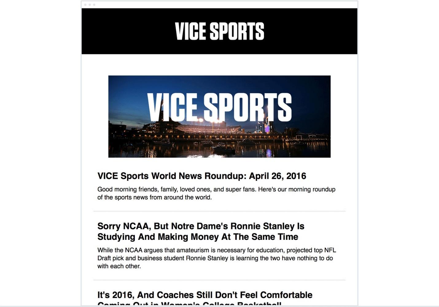 Vice Sportsのこの例を見てください。読者が興味を持っていると思われる、さまざまな情報が含まれています。彼らがしていないことは、それをすべて手放し、読者にリンクをクリックして詳細を学ぶように促すことです。