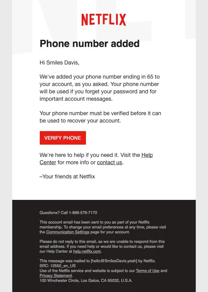 e-mailul de la Netflix îi informează clientului că a fost adăugat un număr de telefon în contul său și că trebuie verificat.