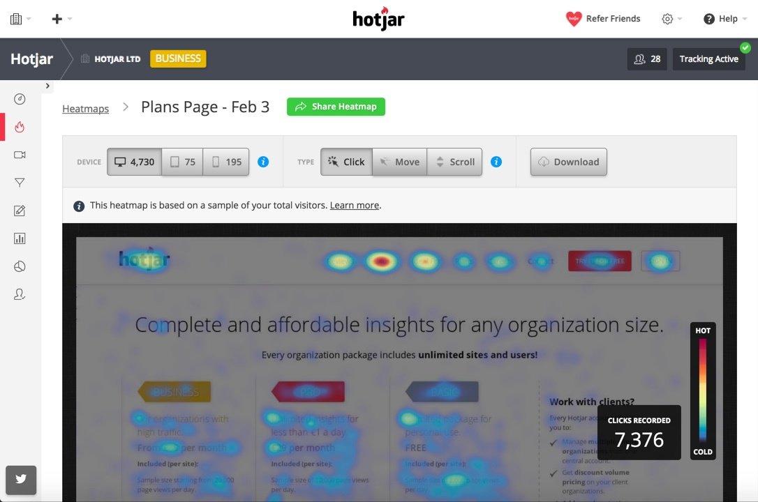 Hotjar 进一步为您提供有关访问者在您的网站上进行的每次点击、滚动和任何其他活动的数据。