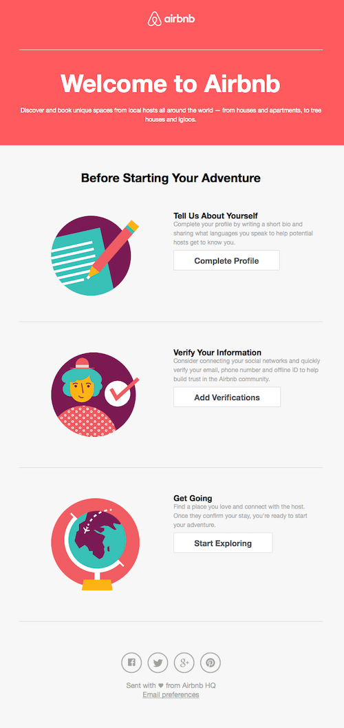 airbnb-welcome-email-example-Airbnbの自動化されたウェルカムメールは、加入者がプラットフォームを利用することを奨励します。