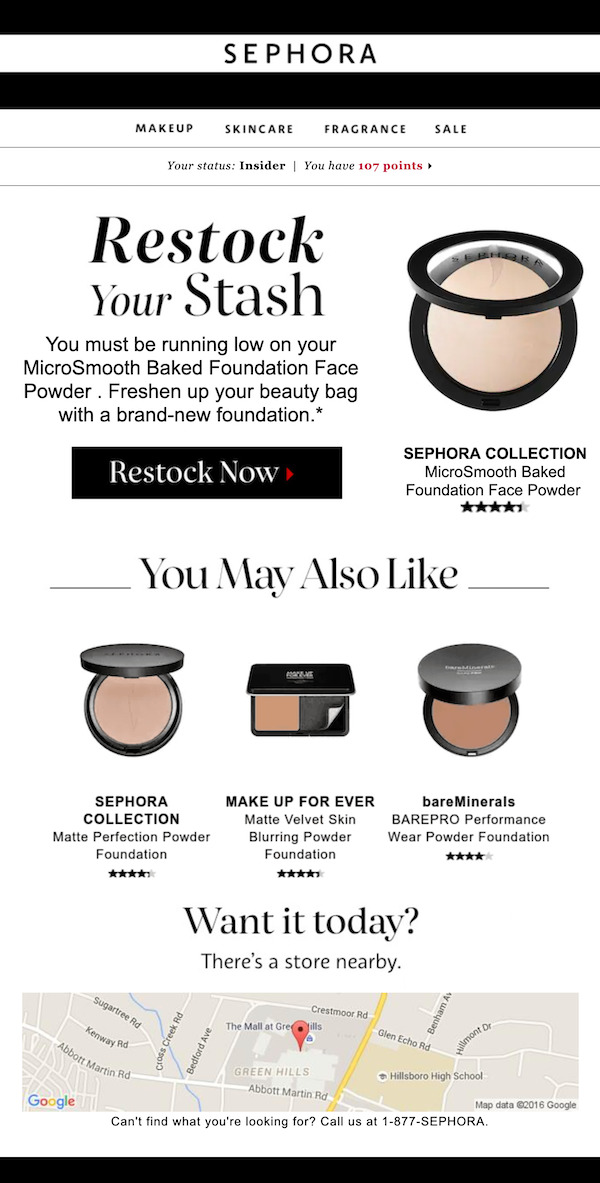 sephora-collection-newsletter：Sephoraは、ブランドを個人レベルで結び付ける「restockyourstash」メールを送信します。