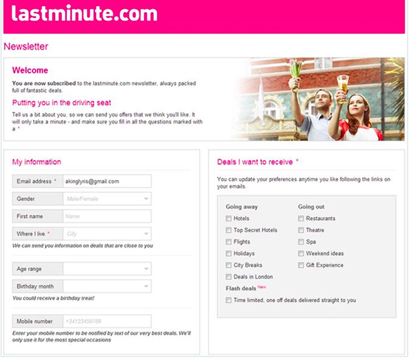 مثال البريد الإلكتروني lastminute.com