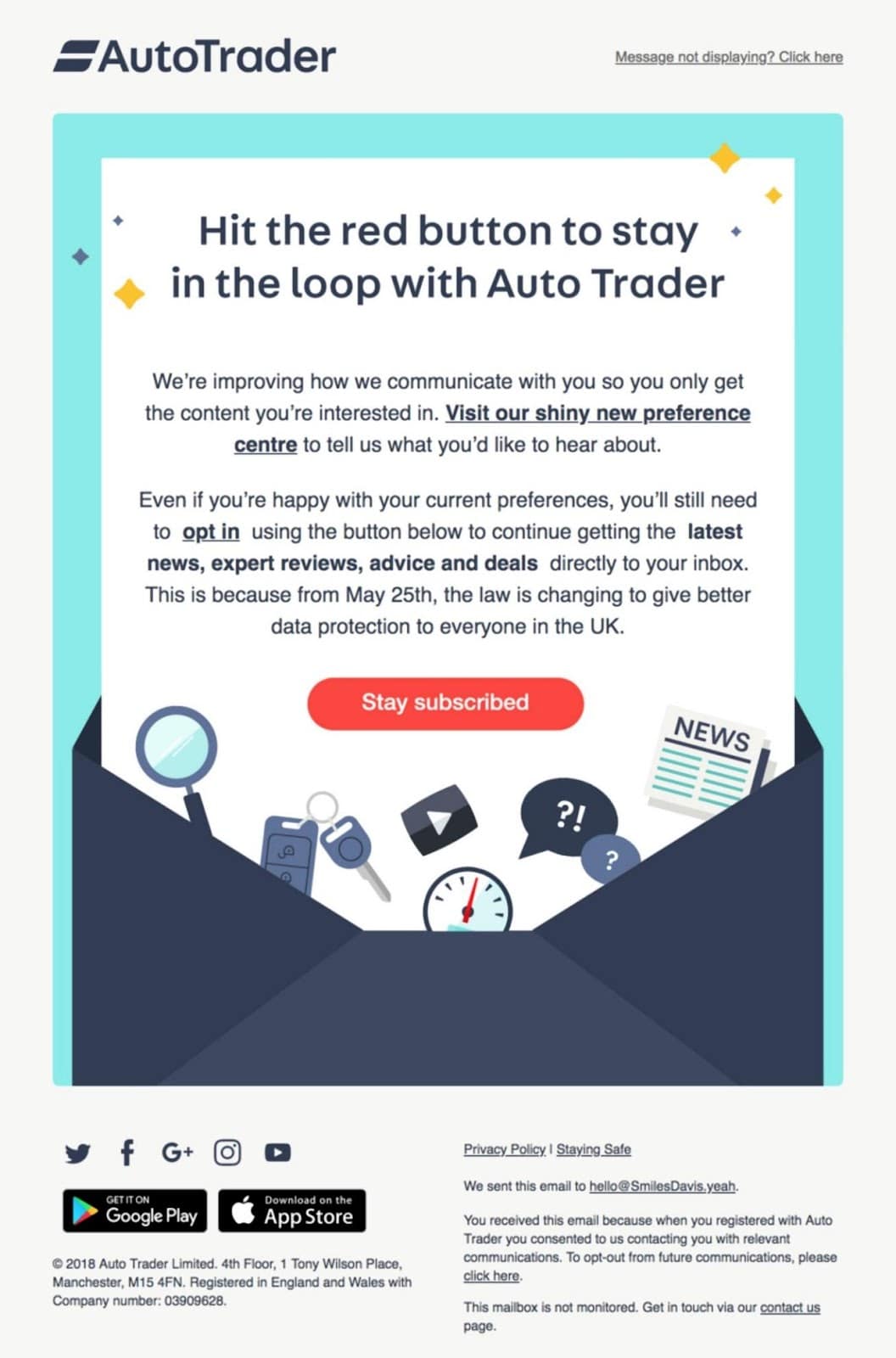 مثال على البريد الإلكتروني AutoTrader يسأل المستخدمين عما إذا كانوا يرغبون في إلغاء الاشتراك