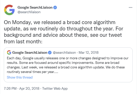 لقطة شاشة لتغريد بحث Google Liaison من أبريل 2018